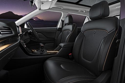 Black seat upholstery with brass colored highlights